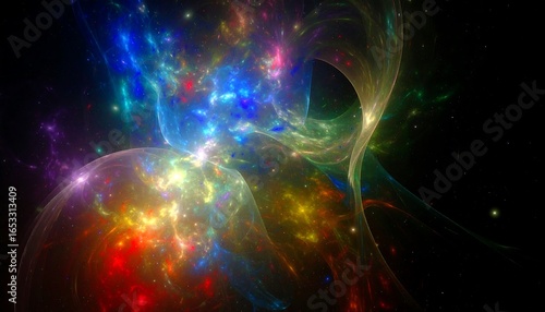 Abstract cosmic artwork featuring swirling nebulae in vibrant colors against a dark background