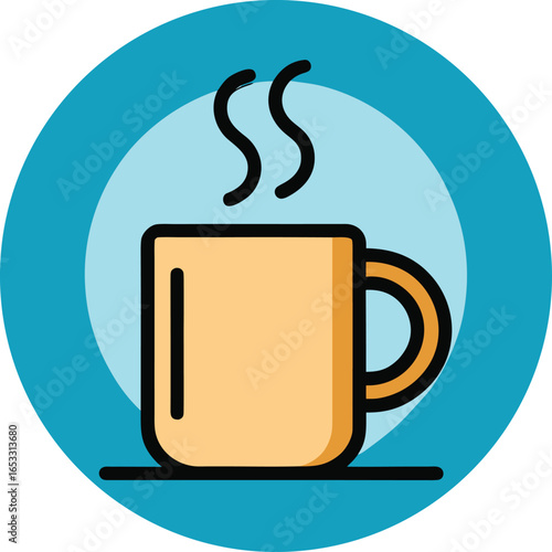 A simple graphic icon of a tan coffee mug with black outlines and rising steam on a light blue circular background with a darker blue outer ring