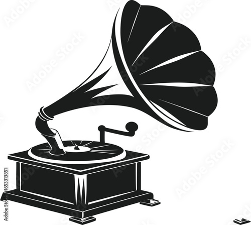 Black silhouette of a vintage gramophone on a white background retro music