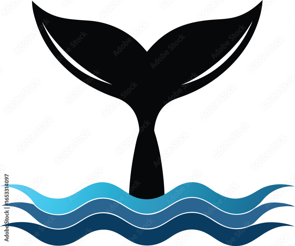Fototapeta premium Black silhouette of a whale tail emerging from blue ocean waves on a white background vector