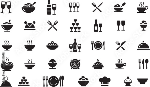 Catering icon set. Containing fork, spoon, knife, plate, cloche, tray, chef hat, beverage, food, dining table, and waiter. Cutlery or tableware in restaurant. Vector ...