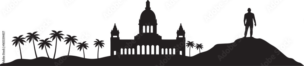 Obraz premium Capitol Building Silhouette with Palm Trees and Figure on Hill Vector Image