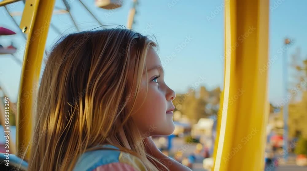 Young girl gazes thoughtfully from a colorful amusement ride, capturing the joy of childhood and the thrill of adventure in a vibrant outdoor setting Young girl gazes thoughtfully from a colorful amusement ride, capturing the joy of childhood and the thrill of adventure in a vibrant outdoor setting