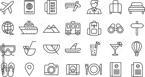 Travel and tourism vector icons for vacation planning and adventure