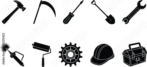 Black construction tools, equipment, and instruments on a plain background