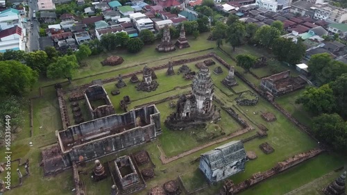 Drone Approach of Wat Phra Si Rattana Mahathat Temple in Lopburi, Thailand