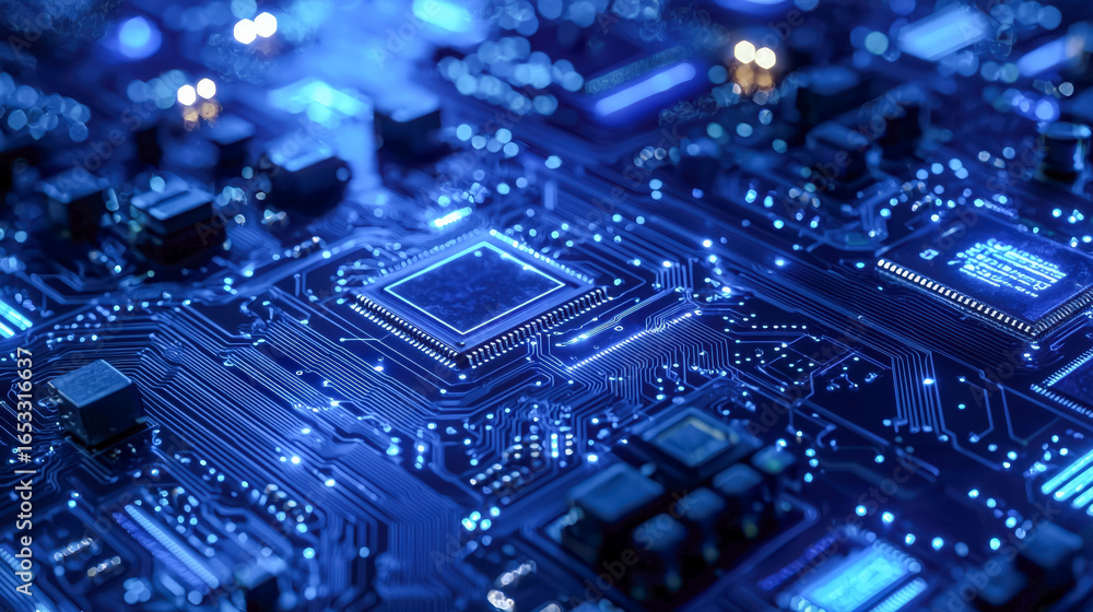 Obraz premium Close-up of a futuristic electronic circuit board with glowing blue integrated components