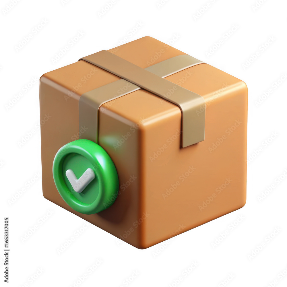 Obraz premium 3d cardboard shipping box with checkmark icon isolated on transparent background