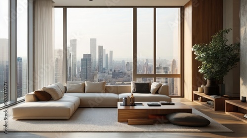 Modern living room with a large window overlooking the city skyline, neutral tones, wooden furniture, and contemporary decor.