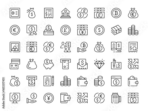 Money icon set. Vector line icons collection. Outline symbols. Modern design