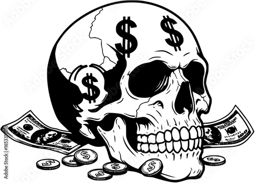 A monochrome skull with a dollar sign and cash, representing wealth and mortality.
