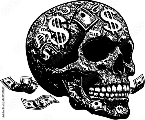 A monochrome skull with a dollar sign and cash, representing wealth and mortality.
