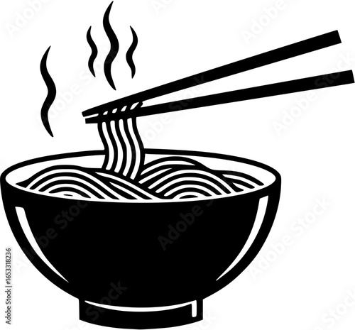 A monochrome logo depicting a bowl of steaming noodles with chopsticks.
