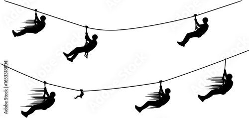 Silhouette of a person zip-lining, dynamic motion lines suggesting speed and adventure.
