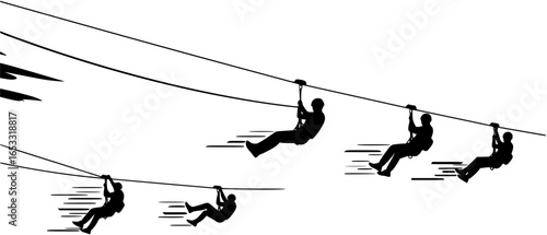 Silhouette of a person zip-lining, dynamic motion lines suggesting speed and adventure.
