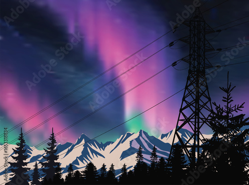 mountains and dark trees under bright sky wth aurora