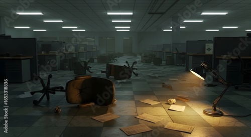 Dark abandoned office interior with overturned chairs, scattered papers and broken desk lamp glowing dim light, eerie corporate horror scene symbolizing chaos, spooky haunted workplace atmosphere