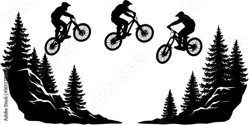Stylized black vector logo featuring extreme mountain biker airborne over rough terrain with forest backdrop
