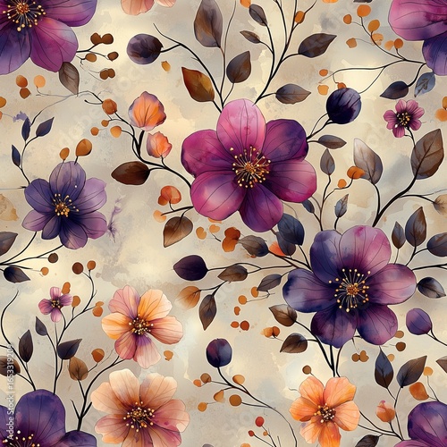 Seamless watercolor floral pattern with a rich array of purple, violet, and orange flowers, intertwining branches, and abstract elements on a textured background.