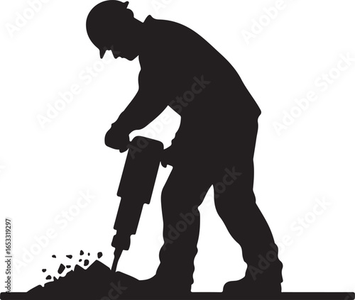 Silhouette of construction worker operating a jackhammer on a white background demolition