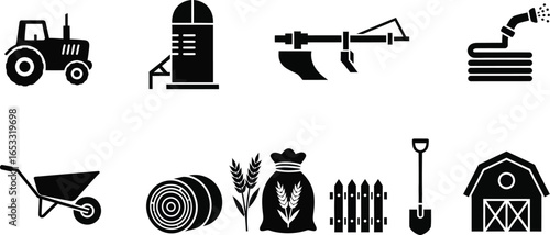 Farming equipment vector icons set agriculture farm elements