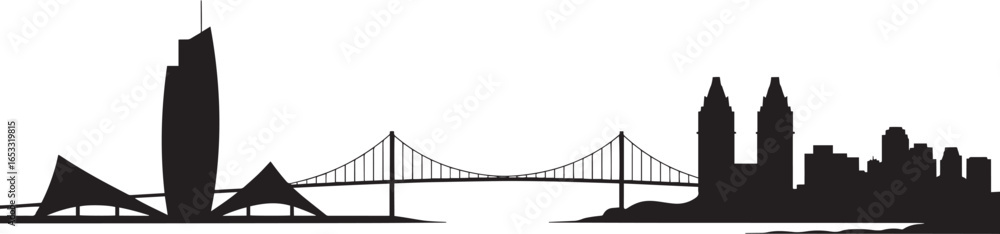 Fototapeta premium Detailed Silhouette of a Coastal Cityscape with Bridge, Buildings, and Modern Architecture