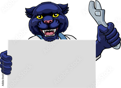A panther handyman, mechanic, plumber or other construction cartoon mascot man holding a wrench or spanner tool.