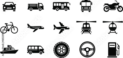 Transportation methods vector icons set car truck bus plane bike