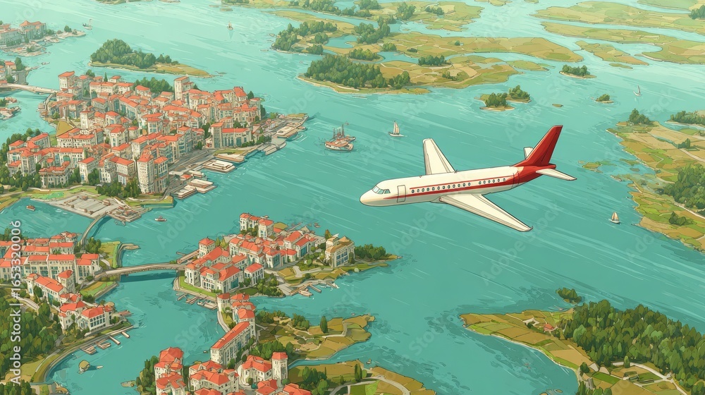 Naklejka premium Aerial view of an archipelago city with an airplane in flight.