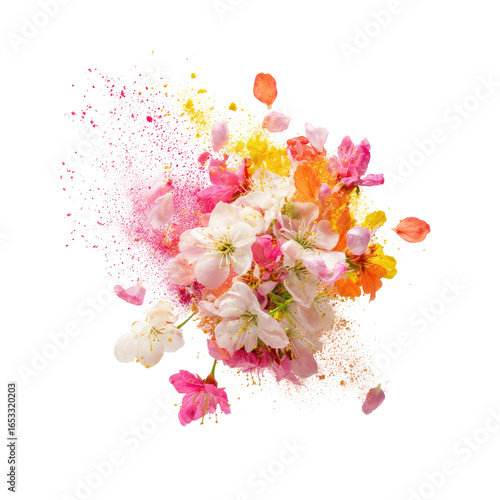 Floral burst of colors, blossoms & petals exploding on black background