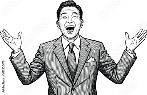 Excited and Happy Businessman with Open Arms, Cheerful Expression and Successful Achievement, Celebrating Victory and Good News, Retro Vintage Engraved Illustration