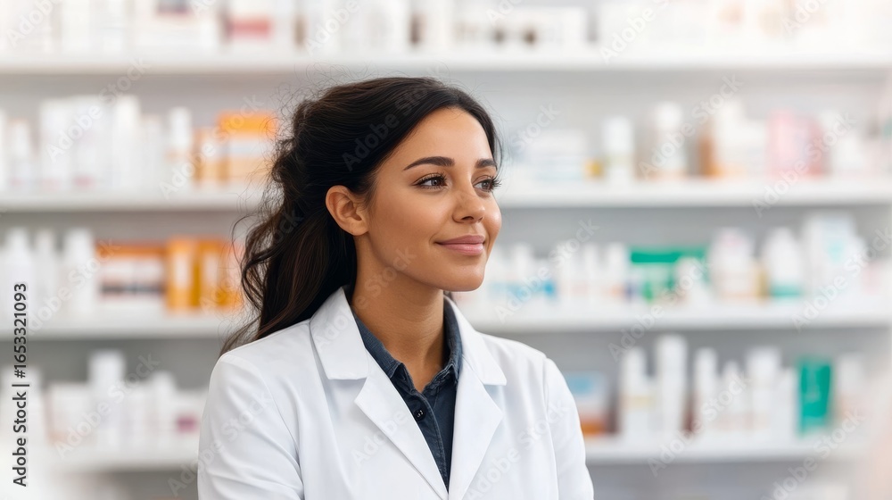 Smiling Pharmacist Confident Woman in Pharmacy Setting, Medicine , Healthcare Smiling Pharmacist Confident Woman in Pharmacy Setting, Medicine , Healthcare
