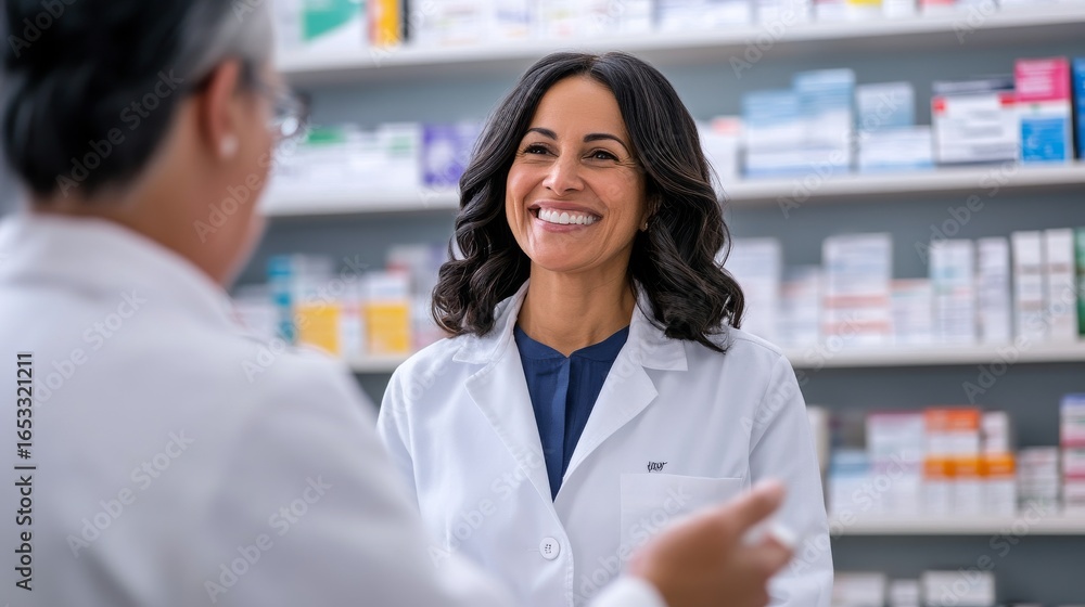 Smiling Pharmacist Consults with Colleague in Pharmacy, healthcare ,medicine Smiling Pharmacist Consults with Colleague in Pharmacy, healthcare ,medicine