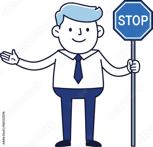 Businessman holding a blue stop sign, safety and caution concept, business risk management, danger prevention, control and regulation, flat vector illustration
