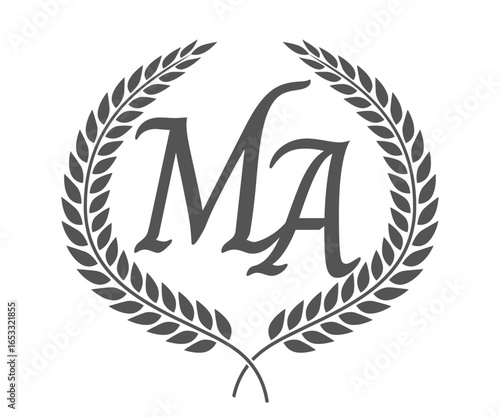 Initial letter M and A, MA monogram logo design with laurel wreath. Luxury calligraphy font.