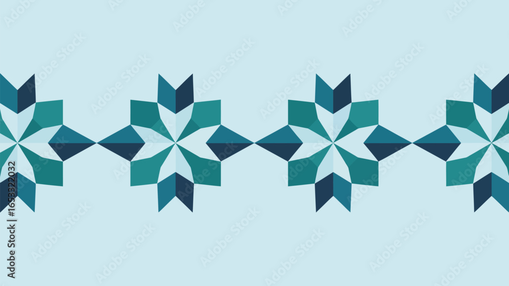 Obraz premium A repeating pattern of geometric teal and blue floral shapes across a light blue background design