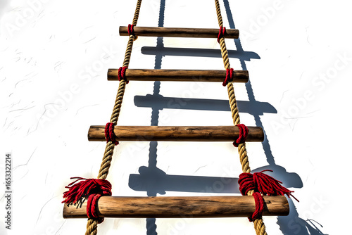 A rope ladder with wooden steps with Red Bindings hanging against a white wall casting shadows on the surface