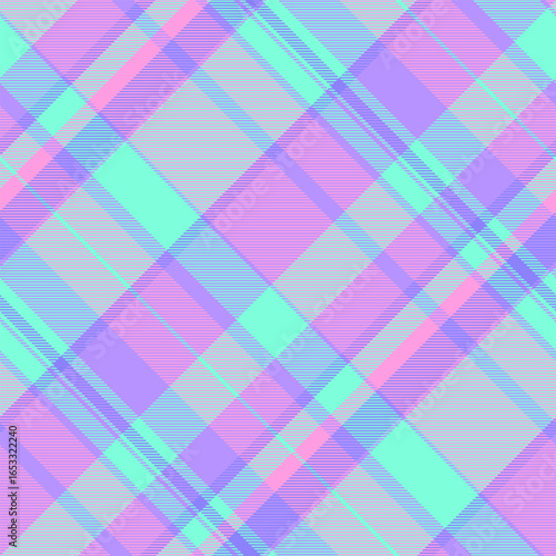 Flowing fabric tartan texture, template background textile vector. Asymmetric plaid seamless check pattern in indigo and pink colors.