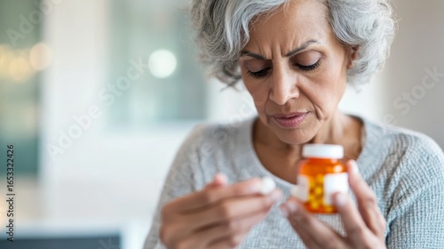 Worried Senior Woman Examining Medication,Healthcare ,Pills