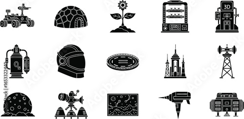 Space exploration and colonization vector icons black silhouette