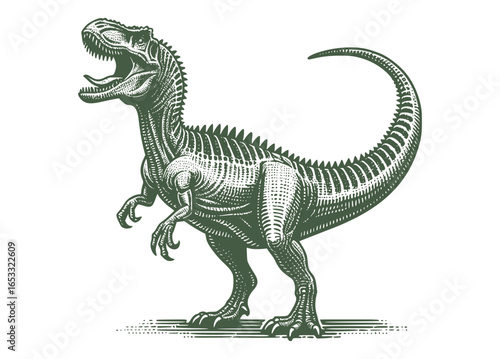 Tyrannosaurus T-Rex Dinosaur In Vintage Engraving Style Retro Vector Of Prehistoric Ancient Reptile Animal