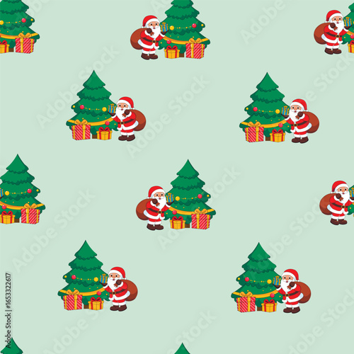 New Year's seamless pattern with a Christmas tree Santa and gifts