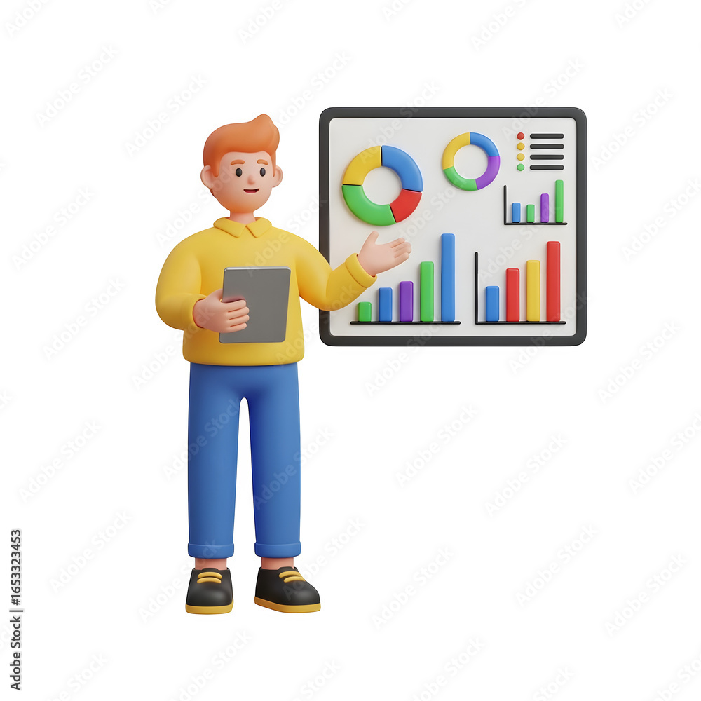 3d icon of 3d cartoon man presenting business data charts and graphs isolated on transparent background 3d icon of 3d cartoon man presenting business data charts and graphs isolated on transparent background