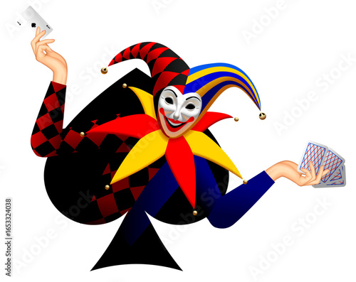 Joker in a frame of the symbol of the suit of spades with playing cards in his hands, isolated on white. Three Dimensional stylized drawing. Vector illustration