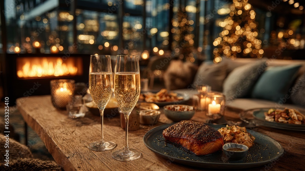Naklejka premium Festive New Year’s dinner table with champagne glasses, gourmet salmon dish, cozy fireplace and Christmas tree lights creating warm holiday atmosphere