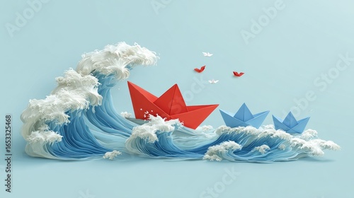 Paper origami boats navigating a stylized wave.