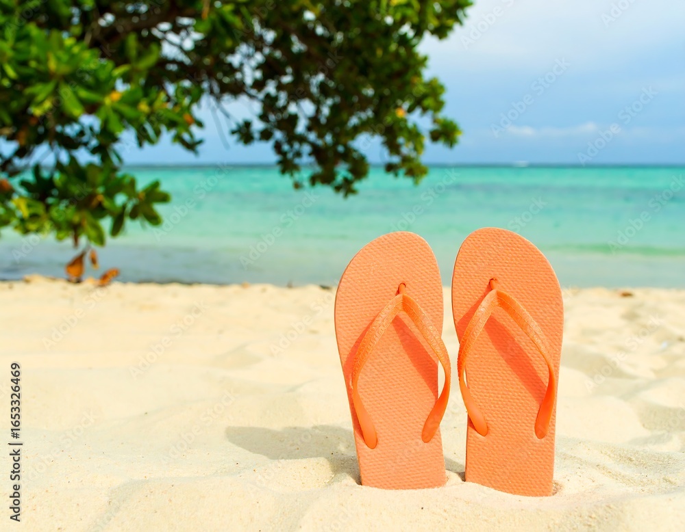Fototapeta premium Orange flip-flops on a beach