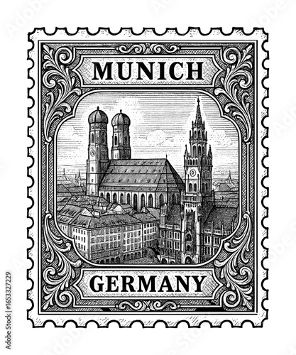 vintage postage stamp depicts munich - germany (sketch drawing)