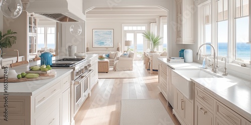 Coastal Kitchen White Oak Cabinets Ocean View Island  Professional Stove