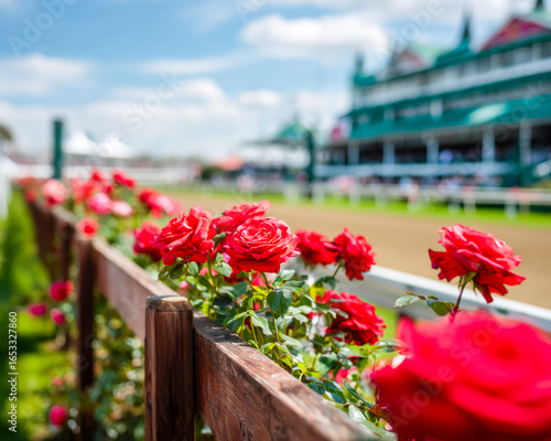 Fototapeta Naklejka Na Ścianę i Meble -  Vibrant red roses blooming along a wooden fence at a horse racing track on a sunny day
